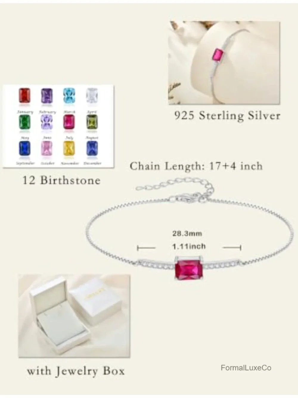 Sterling Silver Halo Rectangular Cut Birthstone Bracelet for Her